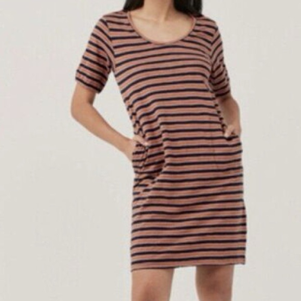 Pact Harvest Organic Cotton Striped Navy and Rust Tie Back Dress